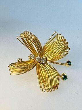 Gold Floral Wirework Butterfly Brooch with Clear and Emerald Stones-Vintage